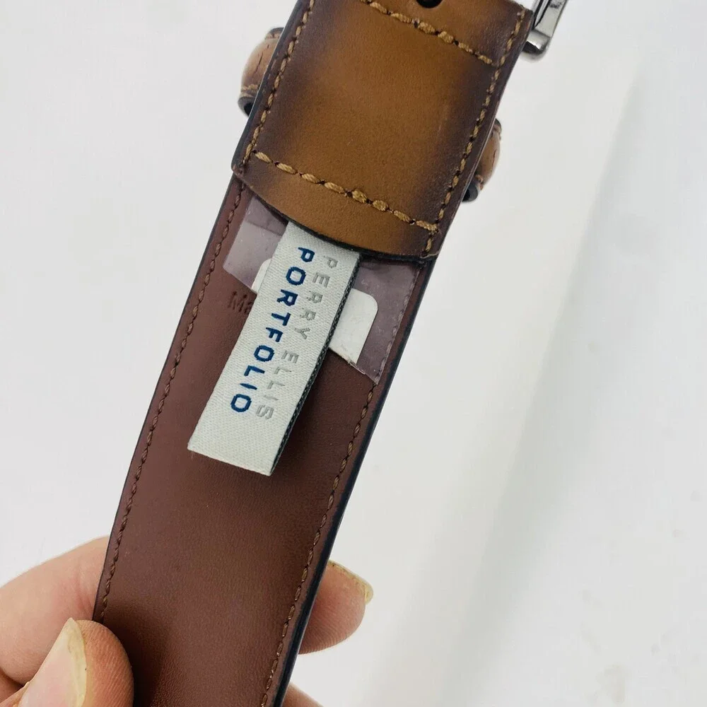 Perry Ellis Genuine Leather Congac Brown Belt Silver Fittings Size 40 Men's